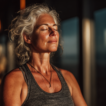 Senior v jógové pozici s úsměvem